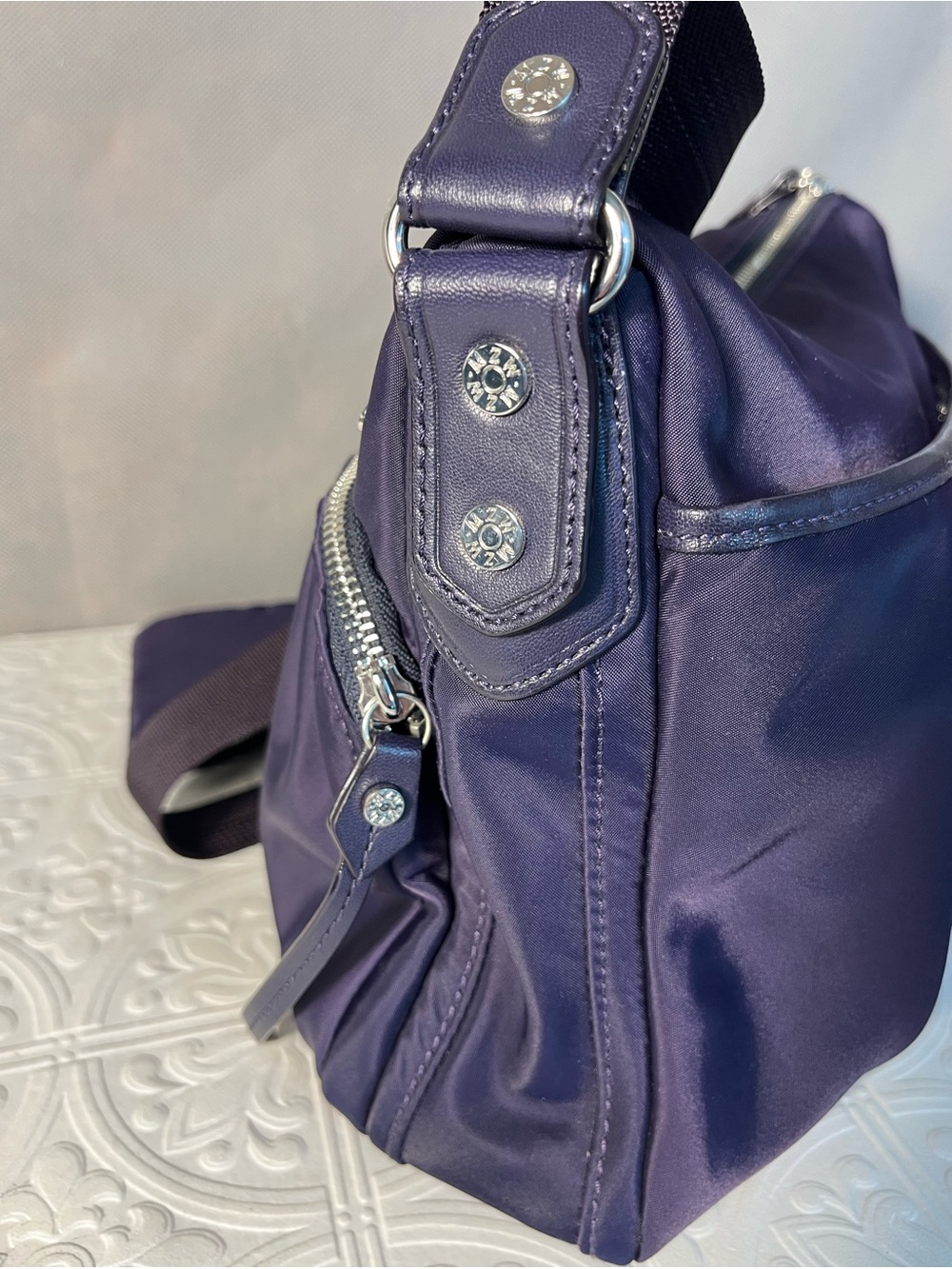 MZ Wallace Paige Bedford Nylon Crossbody Bag Eggplant Purple Silver Hardware - Picture 6 of 10